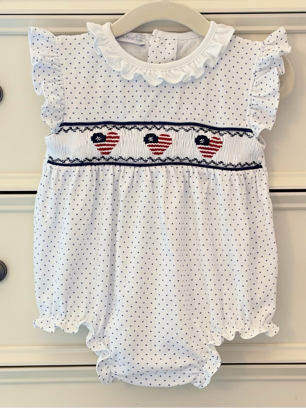 VGUC Hug Me First Pima Cotton Smocked Patriotic Bubble Size 9-12 Months